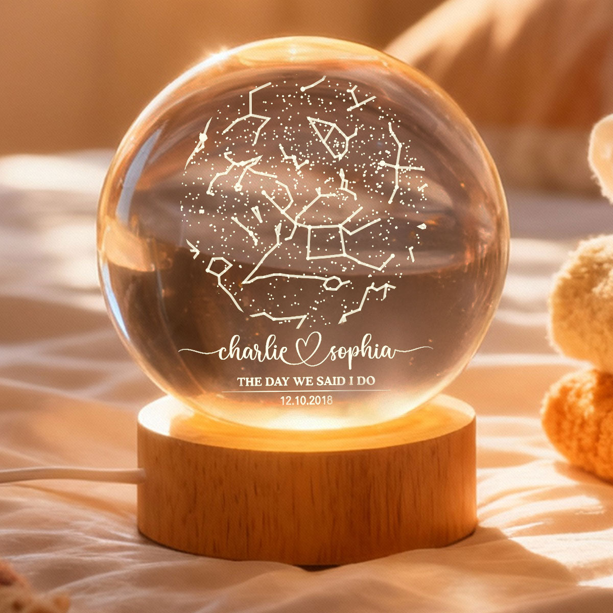 Custom Couple Star Map by Date Constellation - Personalized Crystal Ball Night Light - Heartfelt Anniversary Gift, Valentine's Day Gift for Her, for Him