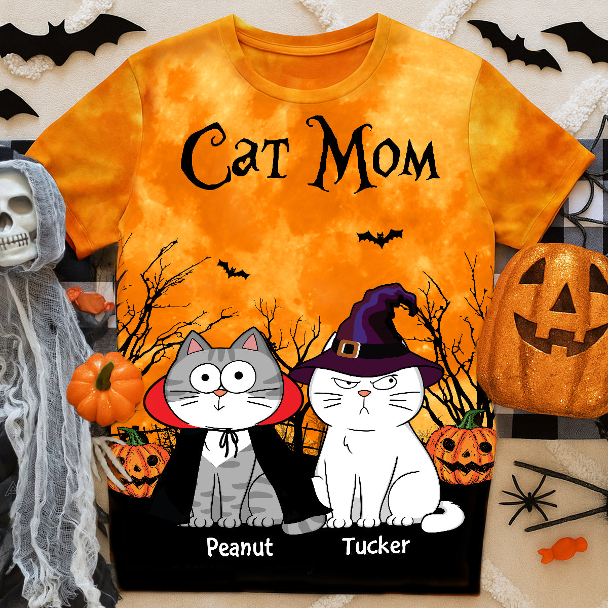 Cat Mom Halloween Moon Light Bat Tree Annoying Cat Personalized Shirt, Purrfect Costume for Cat Lover