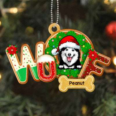 Peeking Dogs Woof Personalized Wooden Ornament