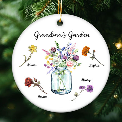 Grandma Garden Birth Month Flowers Vase Personalized Circle Ceramic Ornament, Christmas Gift for Grandma