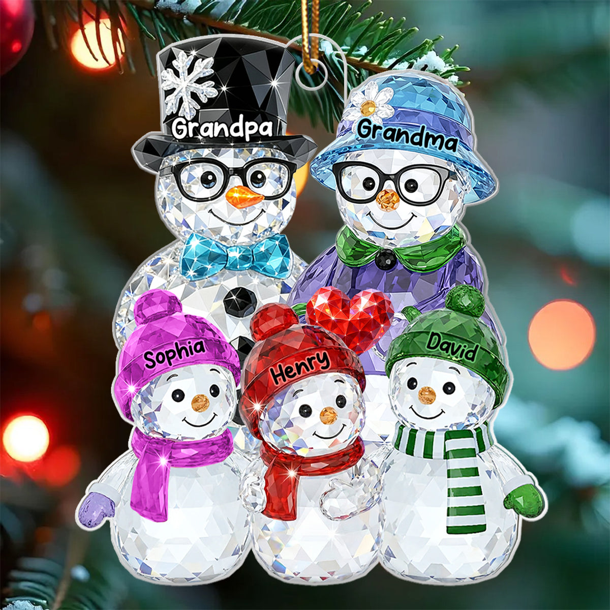 Grandparents And Grankids Snowman Pattern Crystal - Personalized Acrylic Ornament - Heartwarming Christmas Gift For Grandpa, Grandma, Grandparents