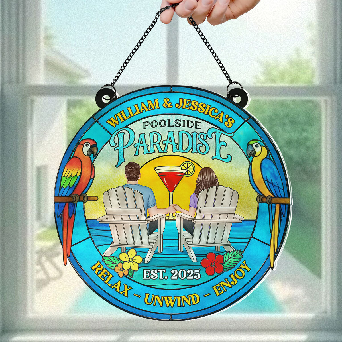 Couple Poolside Paradise Tropical Personalized Acrylic Suncatcher