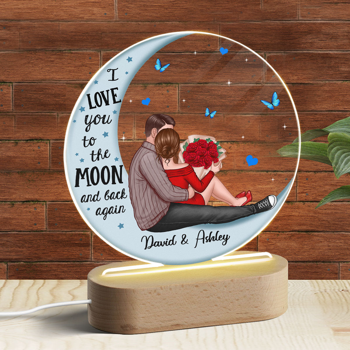 Couple Hugging Blue Moon Personalized Circle Plaque LED Night Light - Acrylic LED Lamp - Valentine‘s Day Gift For Him, Gift For Her