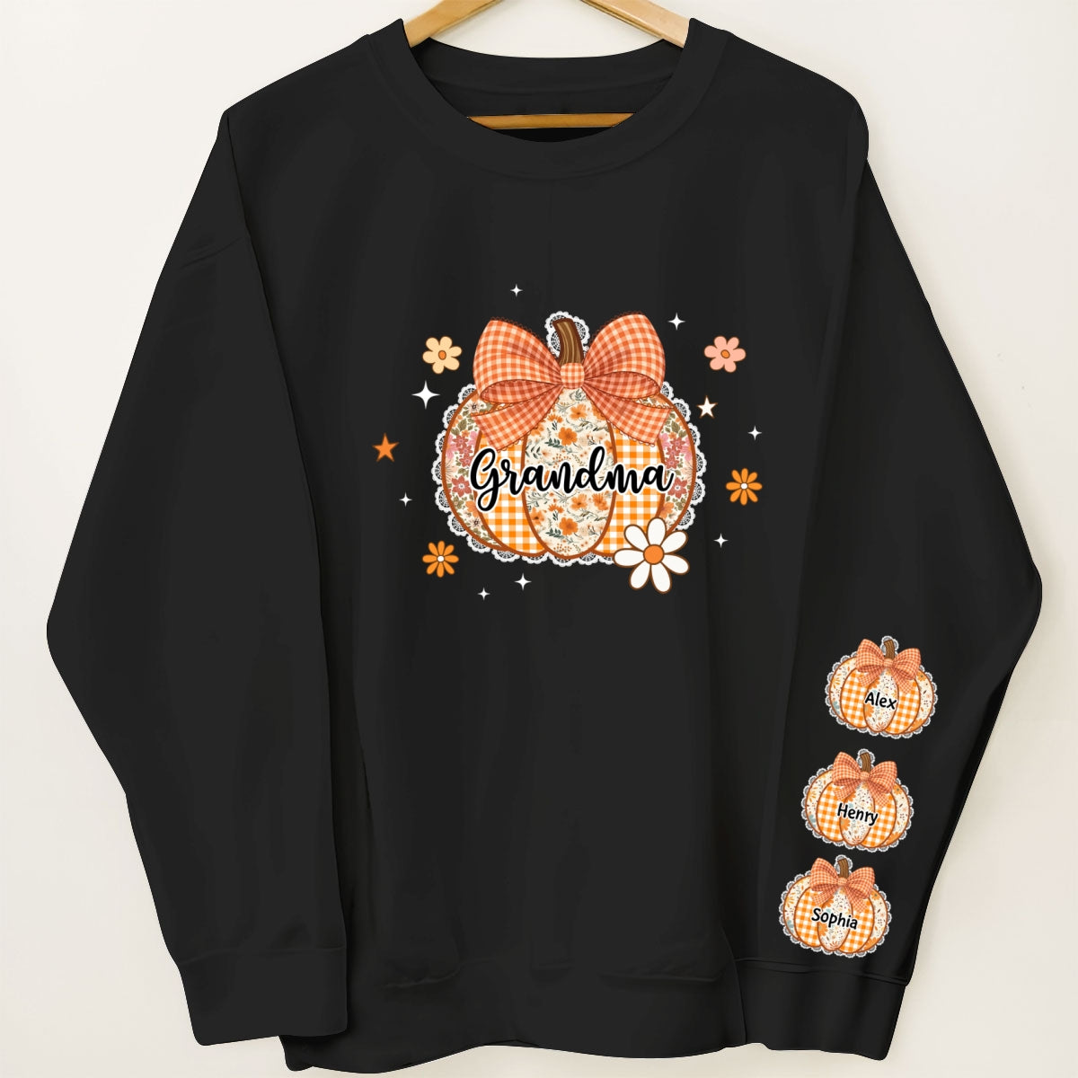 Fall Season Lace Pattern Grandma Pumpkins Personalized Sleeve Printed Sweatshirt