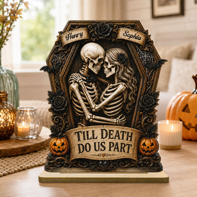 Till Death Do Us Part Skeleton Couple In Coffin 2D Flat - Personalized 2-Layered Wooden Plaque - Halloween Decor For Couple
