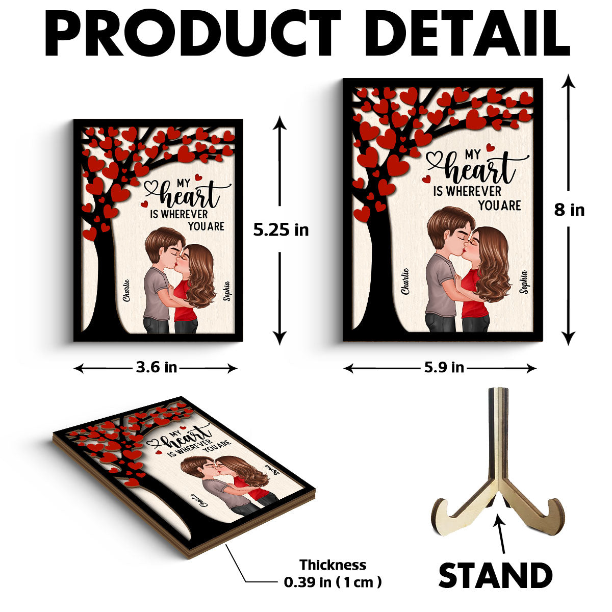 Couple Kissing Under Heart Tree Personalized 2-Layer Wooden Plaque