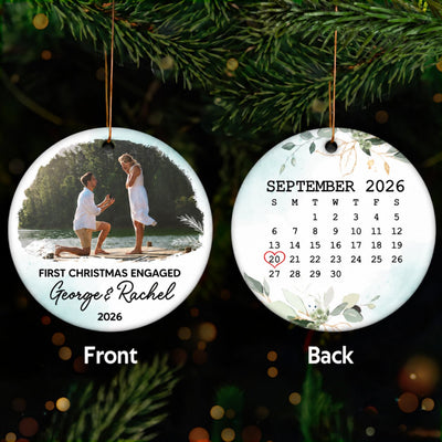Our First Christmas Engaged Ornament, Custom Photo Ornament Calendar Christmas Gift for Couple, Engagement Gifts Personalized 2-Sided Circle Ornament