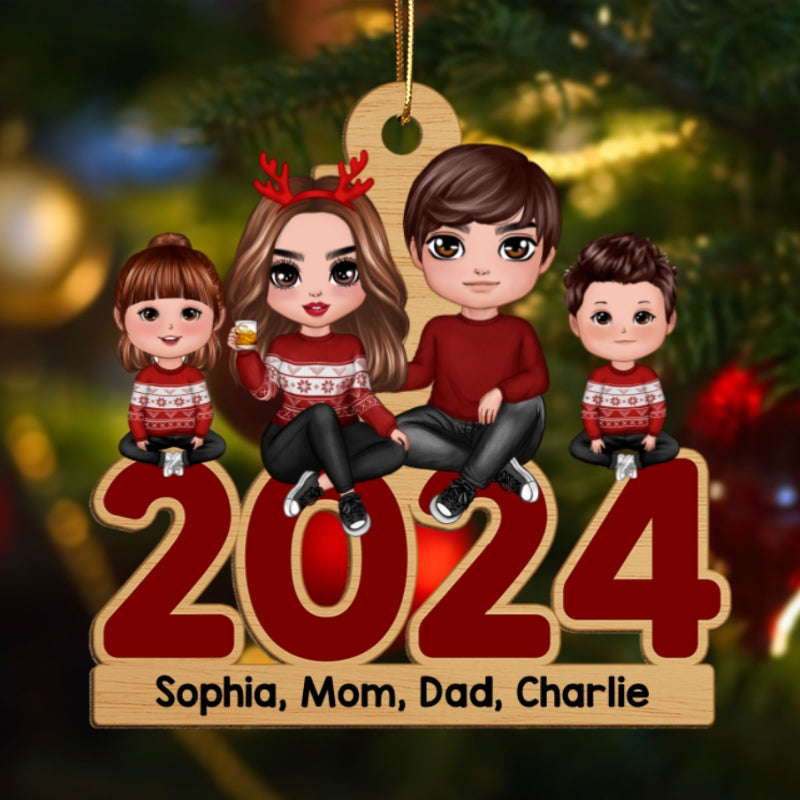 Family Sitting 2024 Christmas Personalized Wooden Ornament, Christmas Gift For Family
