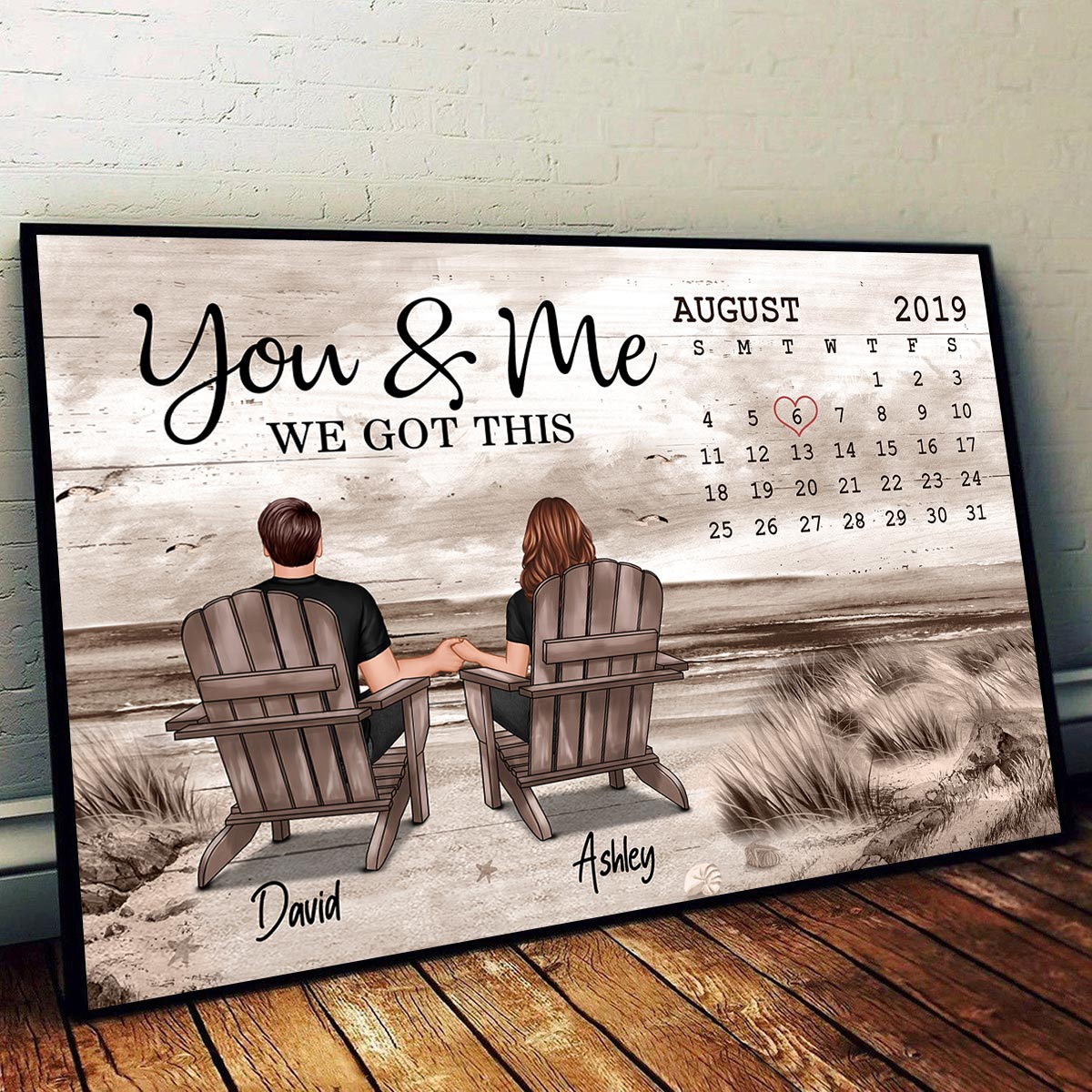 Anniversary Date Retro Vintage Back View Couple Sitting Beach Landscape Personalized Horizontal Poster