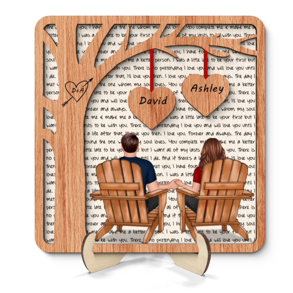 Couple Back View Sitting Under Tree Letters Background Personalized 2-Layer Wooden Plaque