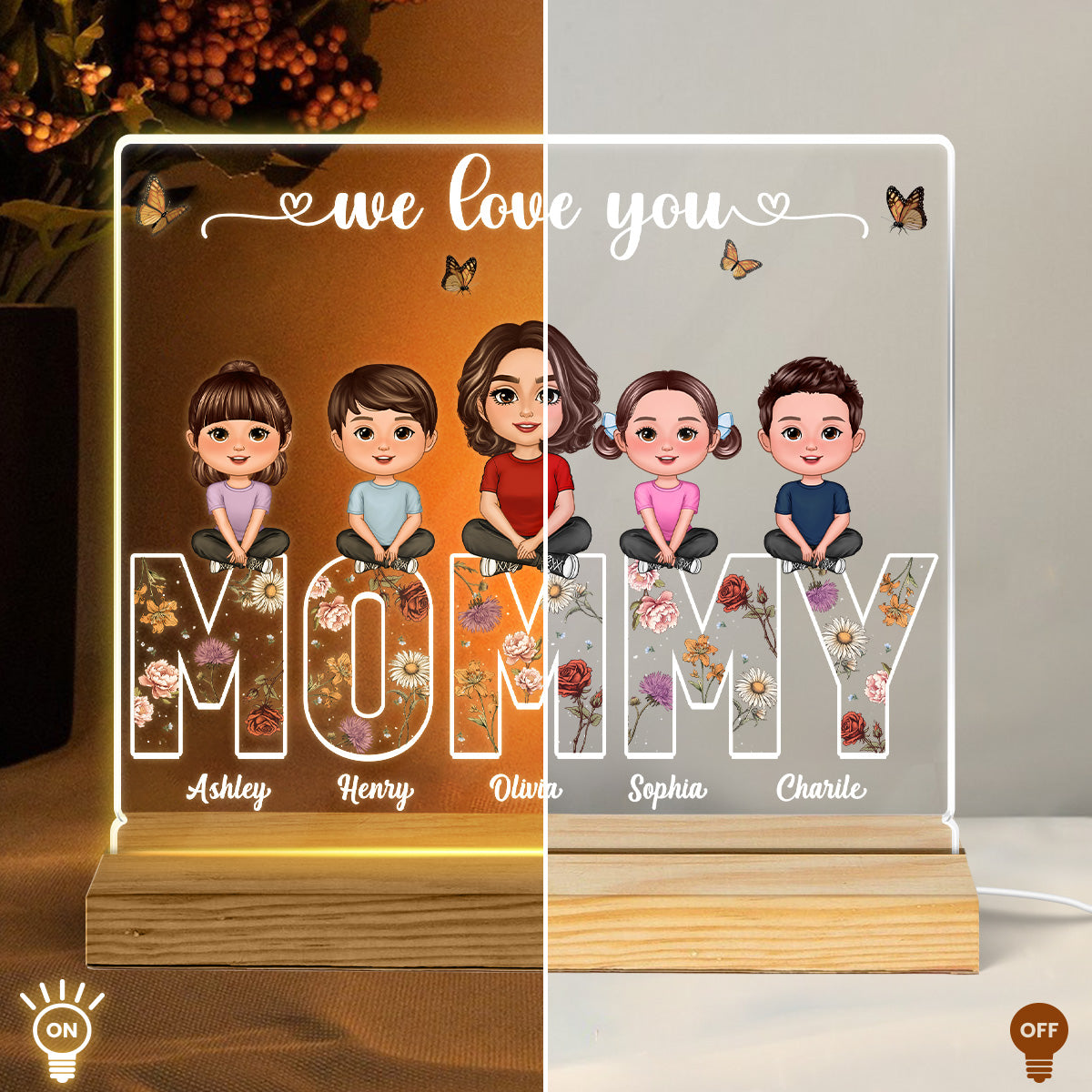 Custom Birth Month Flower Gift For Mom Mommy Personalized Custom Shape Acrylic Plaque Warm LED Night Light