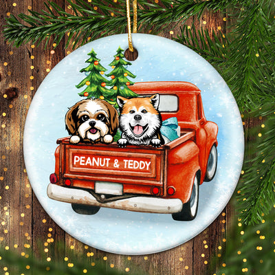 Peeking Dogs Red Truck Christmas Personalized Circle Ornament
