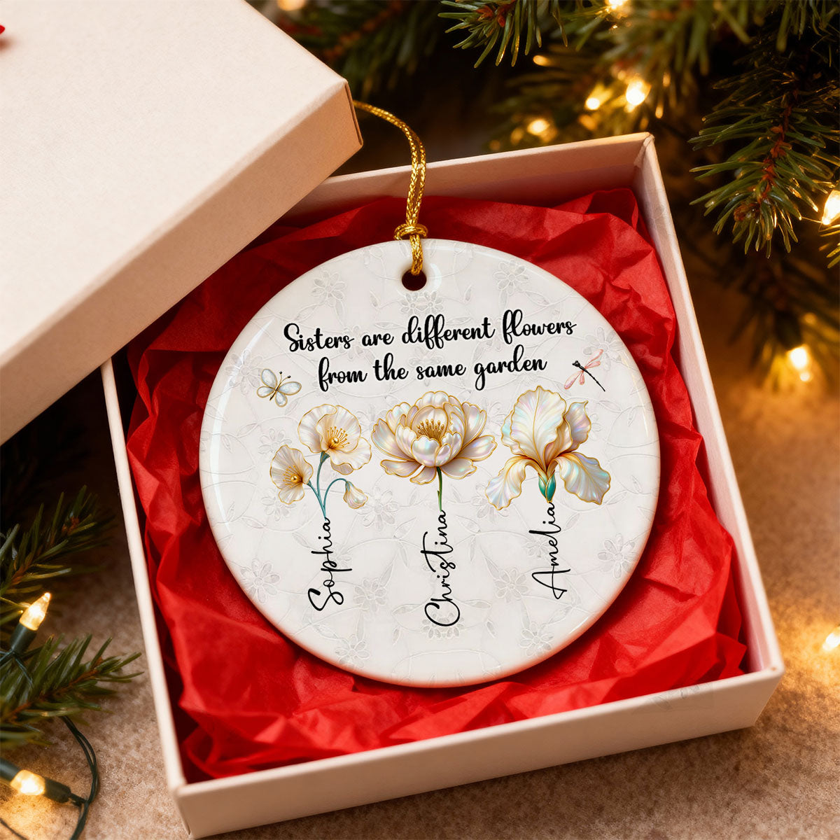 3D Effect Birth Flowers Sisters From The Same Garden - Personalized Ceramic Ornament - Birthday Christmas Just Because Gift For Sisters, Besties