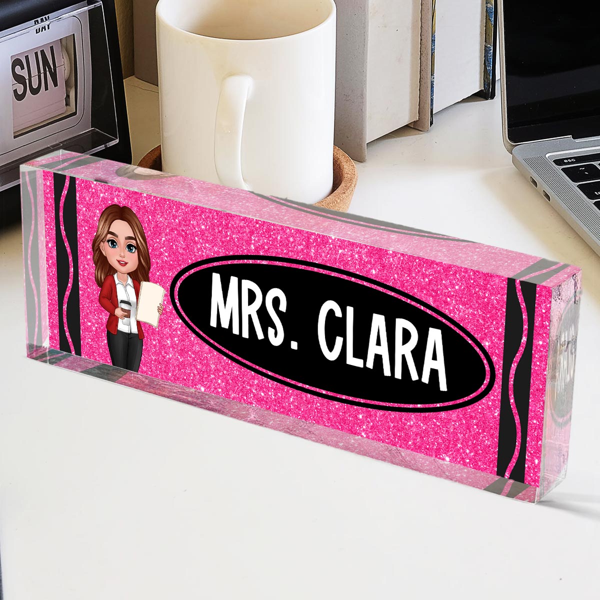 Teacher Crayon Personalized Acrylic Desk Name Plate, Gift For Teacher