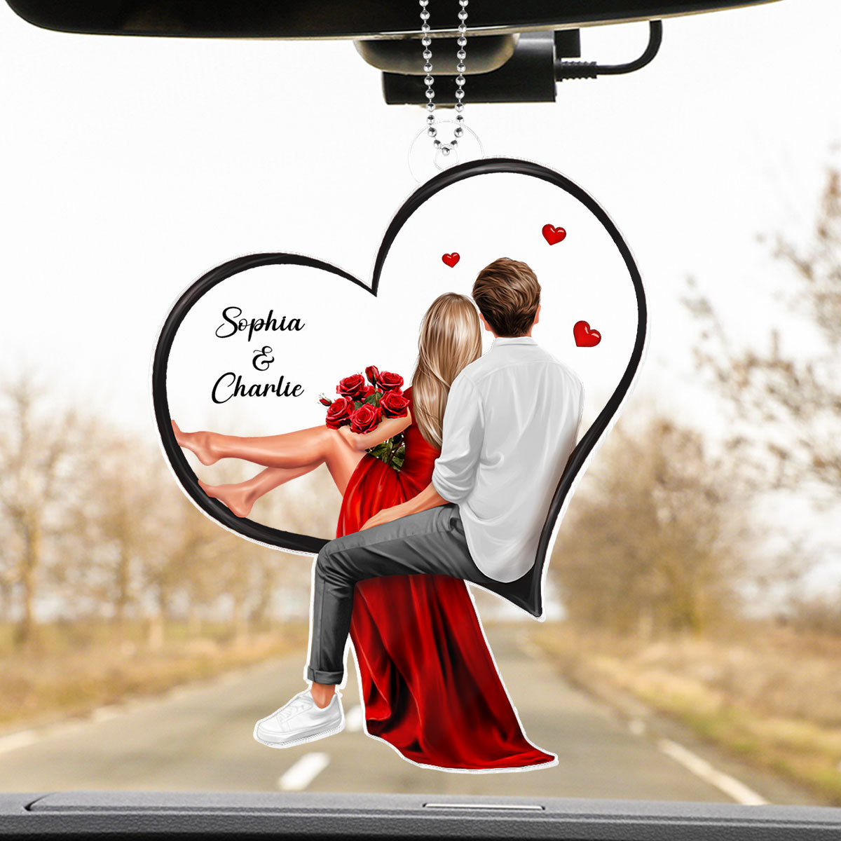 Couple Sitting On Heart Personalized Acrylic Car Hanger,  Gift, Anniversary Gift for Couples