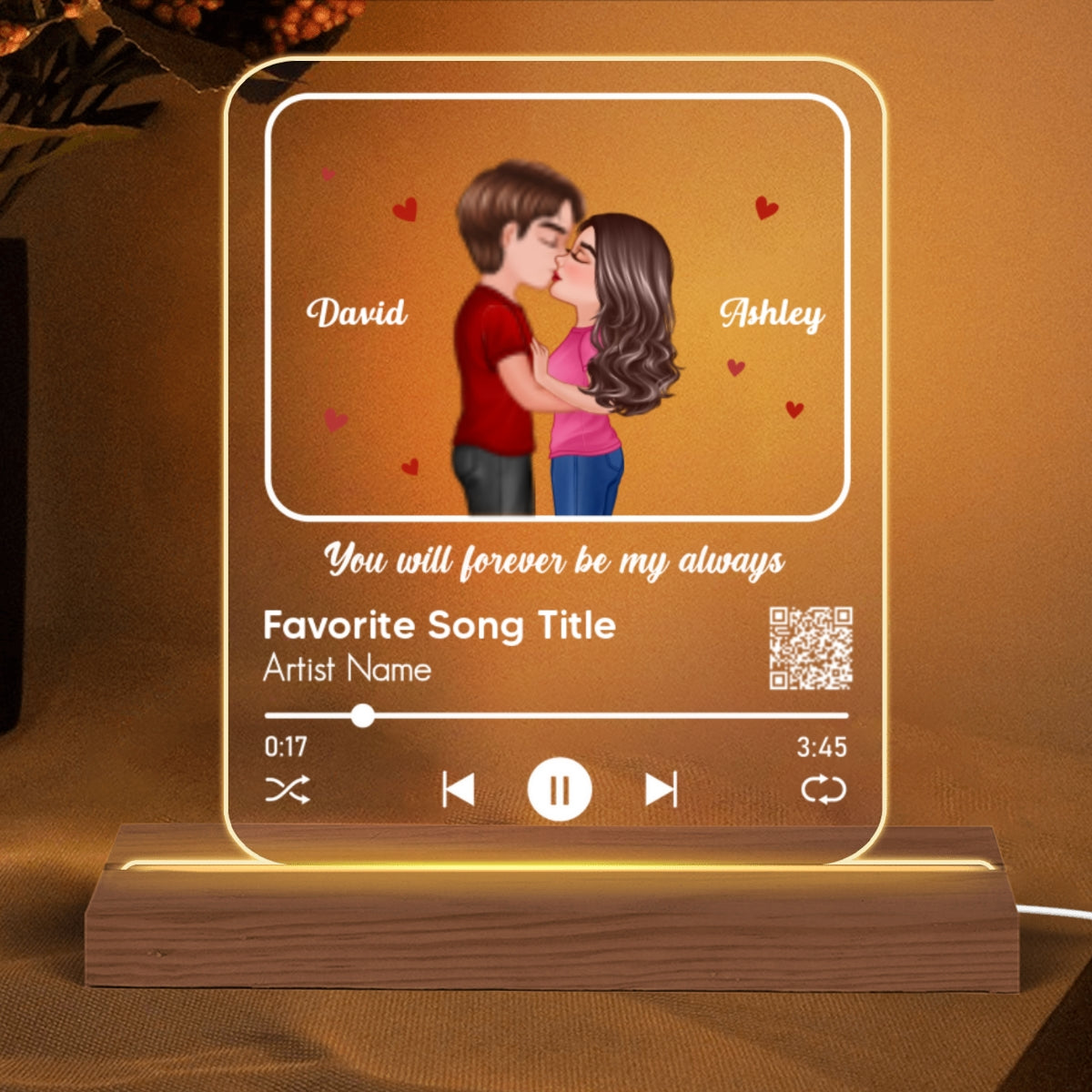 Doll Couple Kissing Favorite Song Scannable QR Code Personalized Custom Shape Acrylic Plaque LED Night Light