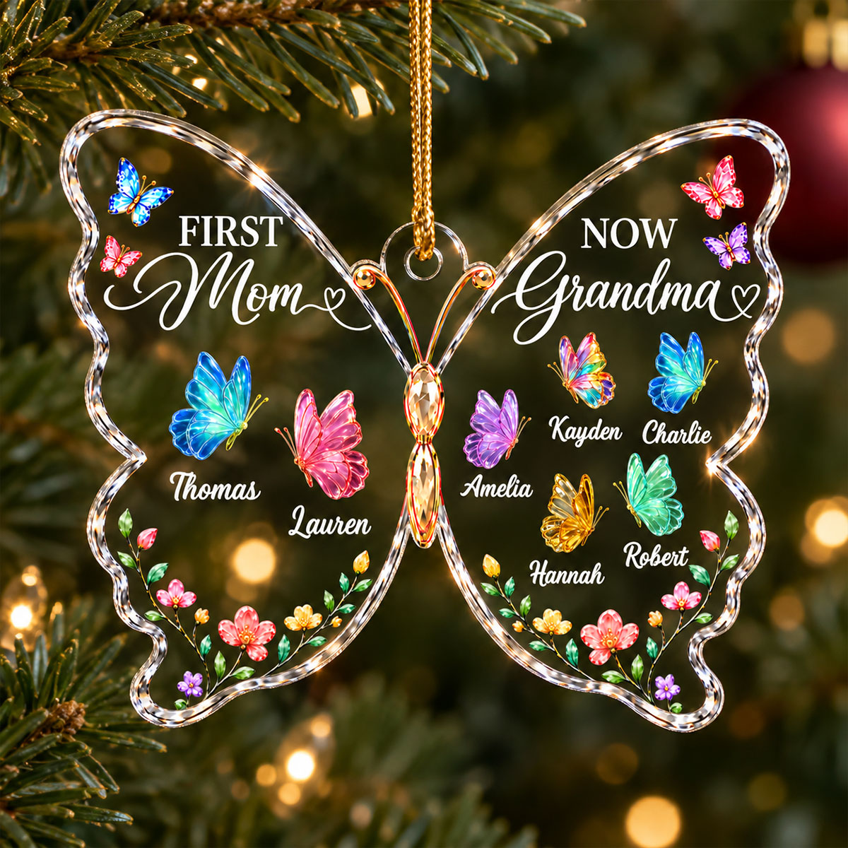 First Mom Now Grandma Butterfly - Personalized Acrylic Ornament - Christmas Gift for Mom, Grandma