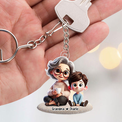 Happy Grandma & Grandkid Sitting Personalized Acrylic Keychain, Perfect 2025 Gift For Mom, For Grandma