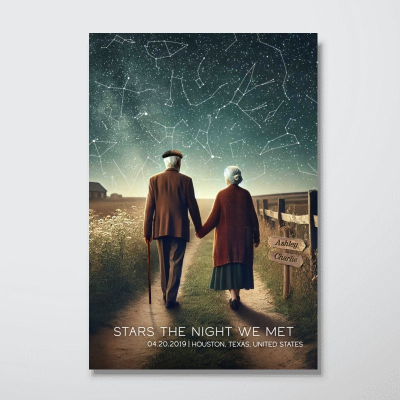 Old Couple Walking Under the Starry Night Poster, Custom Star Map by Date, Personalized Couple Constellation Map, Gift for him and her