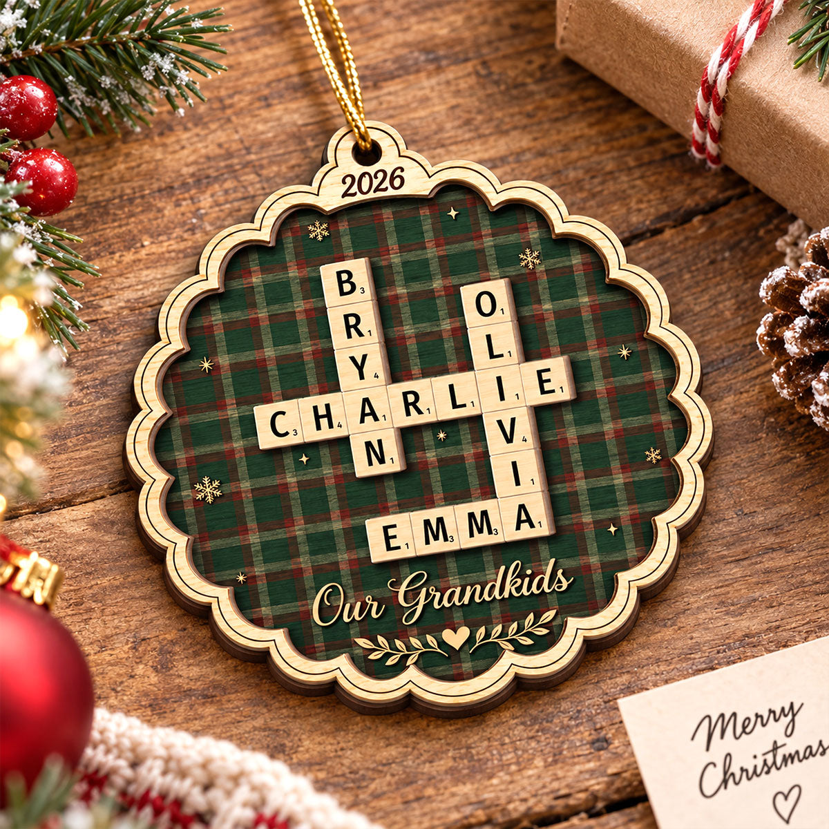 Name Puzzle Crossword Art - Personalized 2-Layer Wooden Ornament - Christmas Tree Decor For Grandparents, Family
