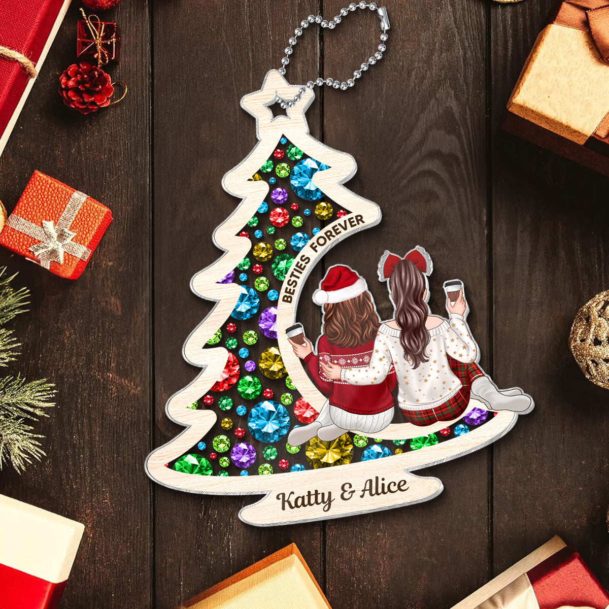 Sisters On Christmas Tree Gemstones Effect Personalized Acrylic Ornament, Christmas Gift for Sisters, Siblings, Besties