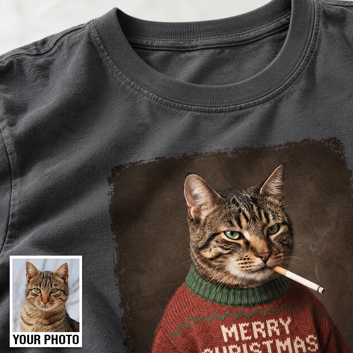 Funny Christmas Smoking Cat Upload Pet Photo - Personalized Shirt - Sarcastic Holiday Meme Tee, Cool Cat Lover Gift, Vintage Grunge Xmas Cat Gift, Ironic Pet Shirt