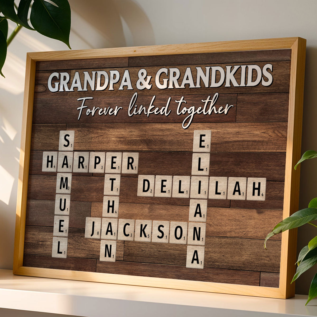 Grandpa & Grandkids Forever Linked Together Crossword Puzzle Art Rustic Personalized Poster, Heartfelt Father's Day Gift For Grandpa