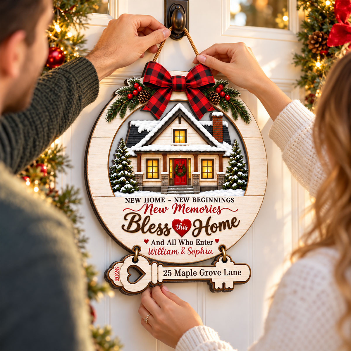 New Home New Beginnings Bless This Home Custom Family Name & Year - Personalized Wood Sign - Christmas Housewarming Gift For New Homeowners, Couples, Families