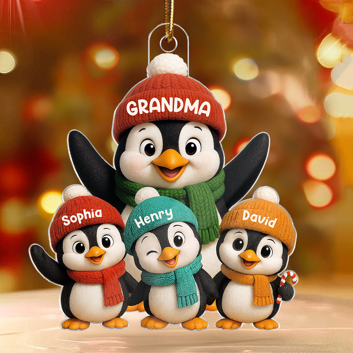 3D Effect Cute Christmas Penguins Grandma Grandkids - Personalized Acrylic Ornament