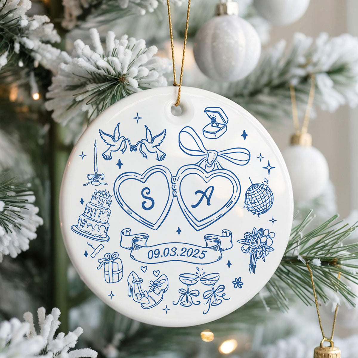 Couple Initials Locket Coquette Doodle Personalized Ceramic Ornament, First Christmas Gift, Married, Engagement Gift for Couples