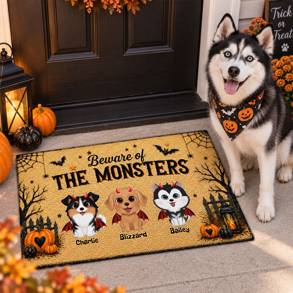 Halloween Theme Beware Of The Monsters Dogs - Personalized Doormat - Halloween Decor For Dog Lovers