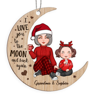 Cute Grandma & Grandkid Sitting On Moon Personalized Wooden Ornament