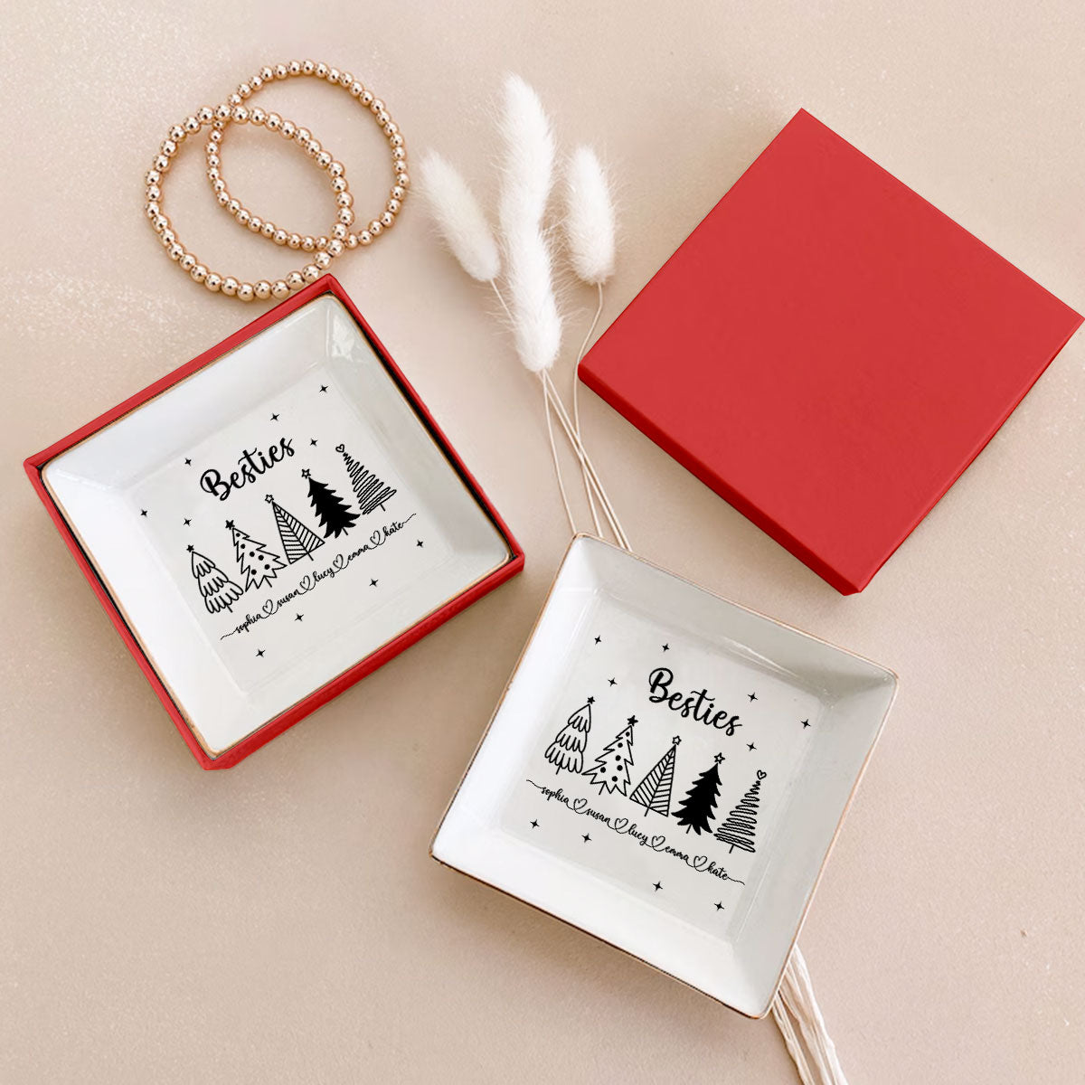 Christmas Trees Outline Besties Sisters Personalized Jewelry Dish, Bridesmaid Gift, Best Friend Flower Ring Dish, Gift for Bestie, Christmas Gifts