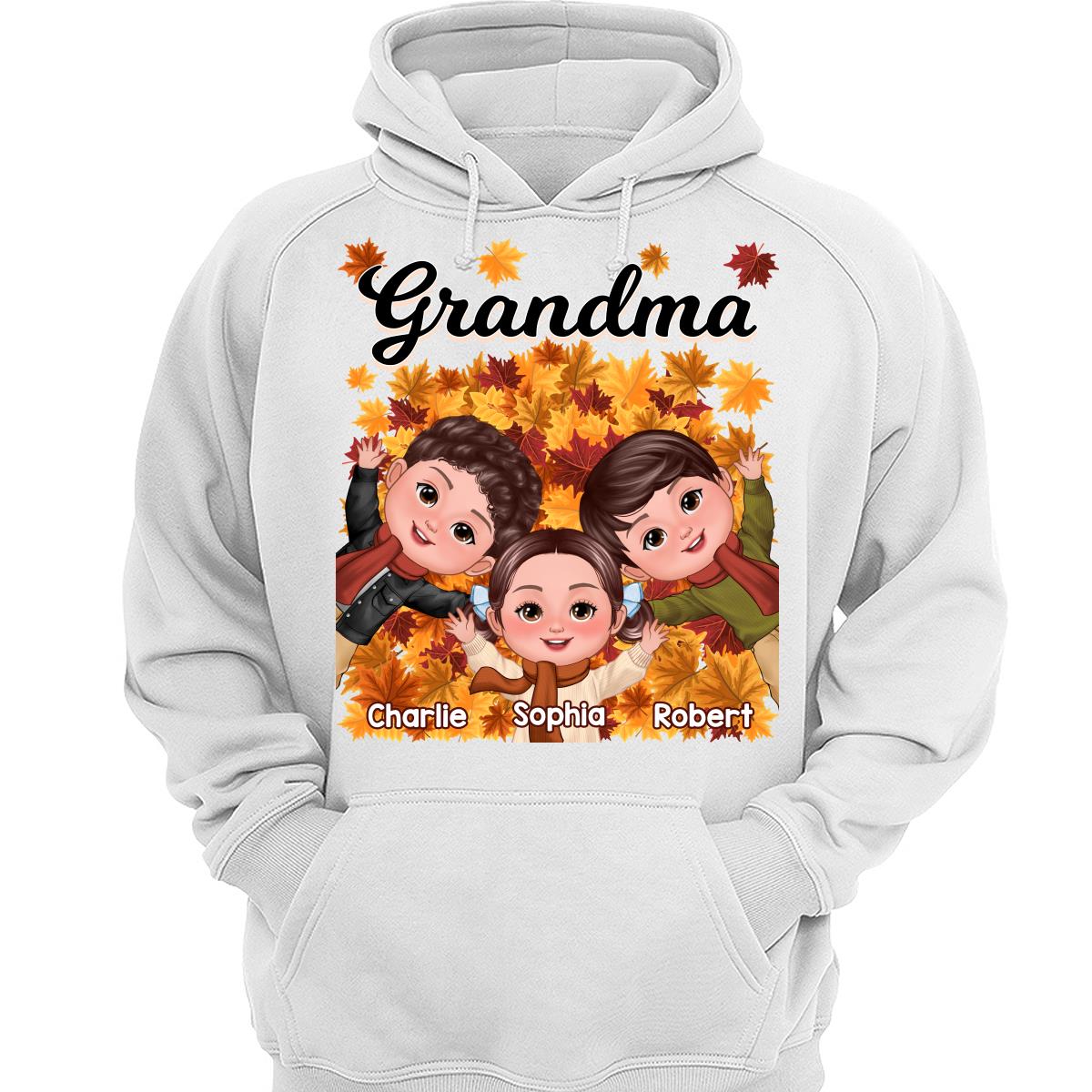 Happy Kids Laying On Fall Leaves Grandma Mom Personalized Shirt