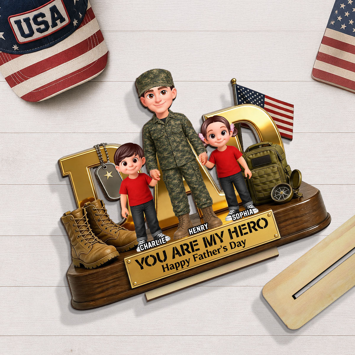 Proud American Millitary Dad - Personalized 2-Layered Wooden Plaque - Father's Day Gift For Dad, Husband