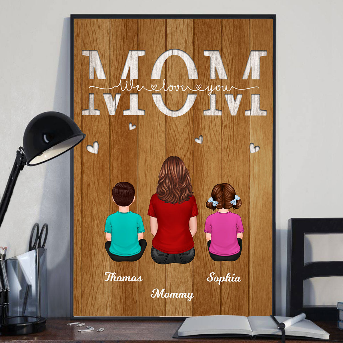Back View Mom And Kids Dogs Cats Sitting Mother‘s Day Gift Personalized Vertical Poster