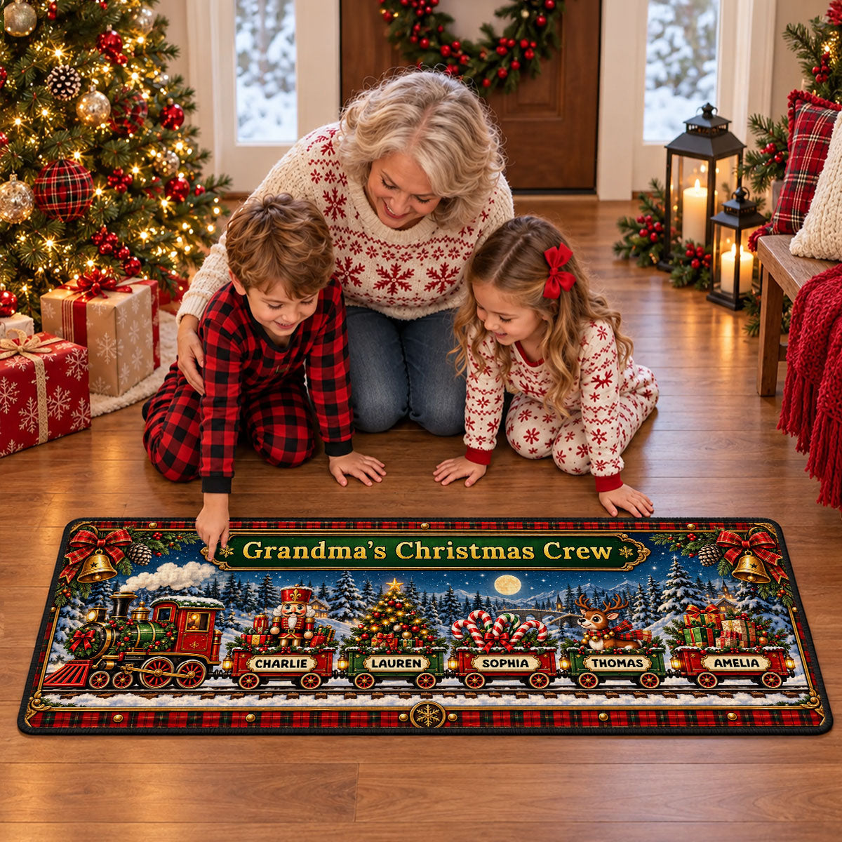 Grandma's Christmas Crew Train - Personalized Runner Rug - Festive Christmas Decor Gift for Grandma