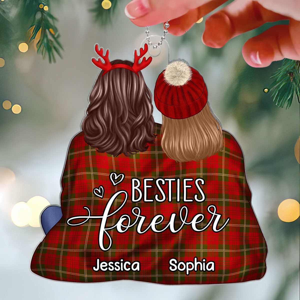 Back View Besties Snuggle In Blanket Christmas Gift For Best Friends Personalized Acrylic Ornament