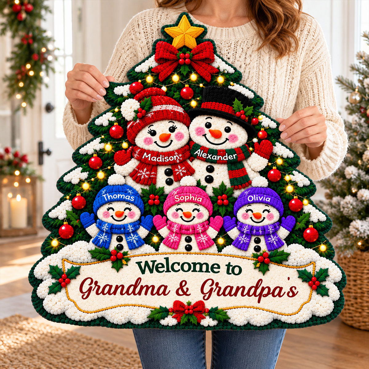 Snowman Grandparents & Grandkids Under Christmas Tree - Personalized Door Mat - Christmas Decor For Grandparents, Family