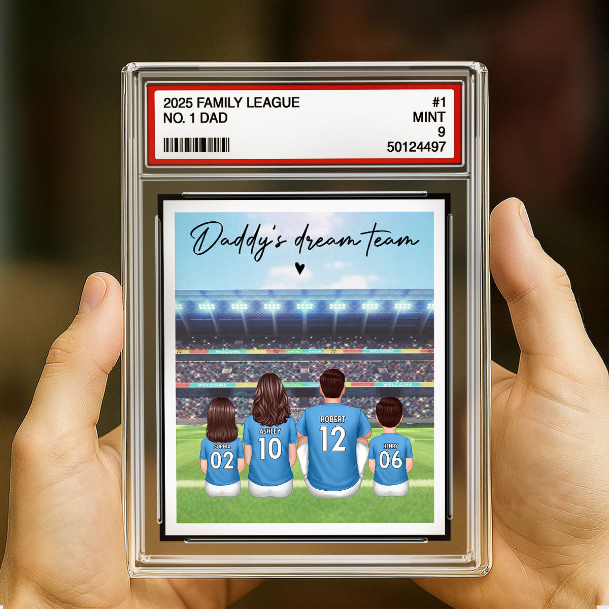 UK AU Football Daddy's Dream Team No. 1 Dad Man & Kids Sitting Trading Card Style - Personalized Acrylic Block Plaque