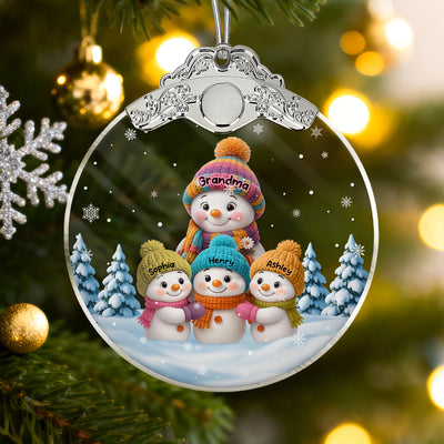 Snowman Grandma & Grandkids in Snow - Personalized Glass Ornament With Silver Cap - Heartwarming Christmas Gift for Grandma Grandpa - 3D Effect Ornament