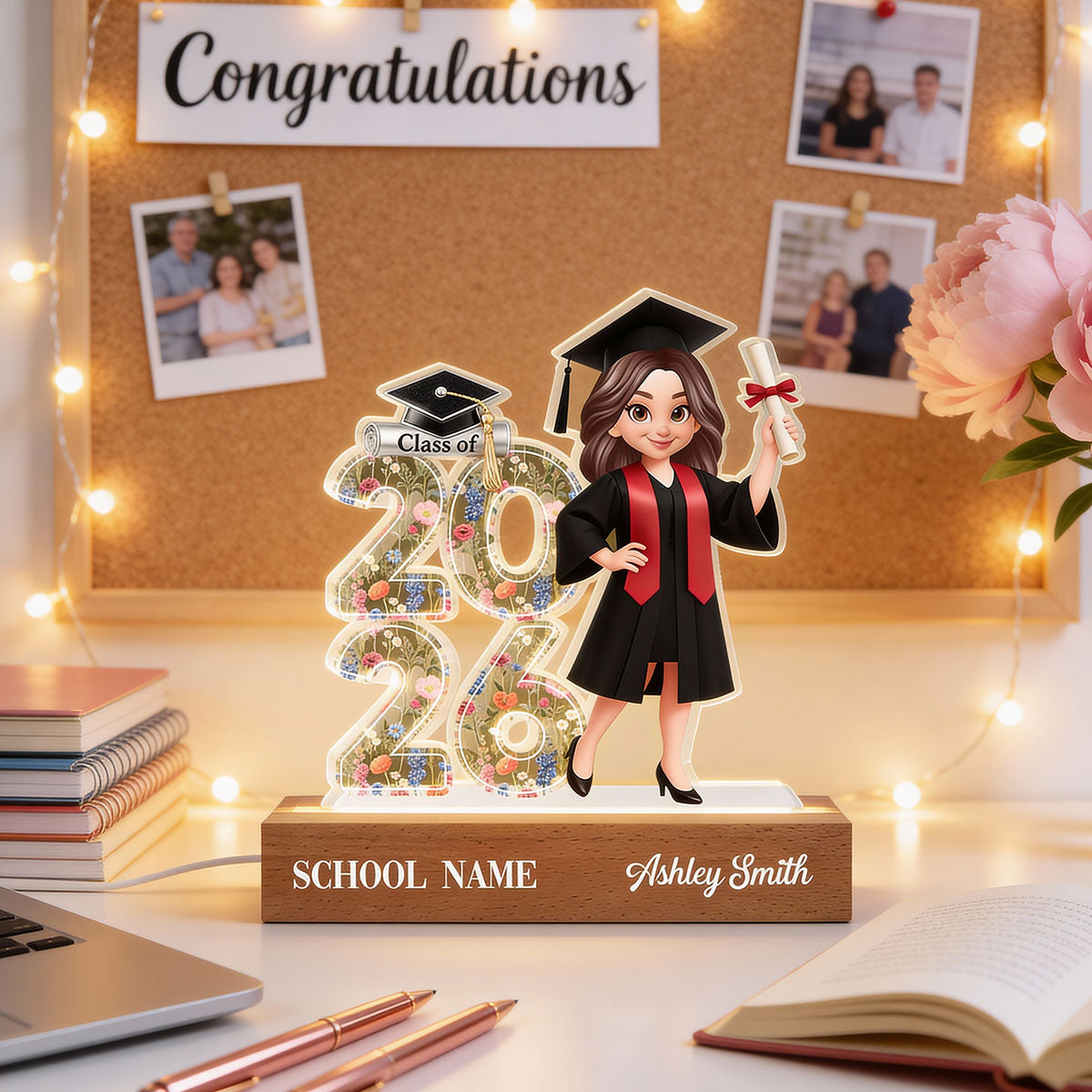 Class Of 2026 2027 Senior Floral - Personalized Acrylic Block LED Night Light - Graduation Gift For Graduates, Daughter