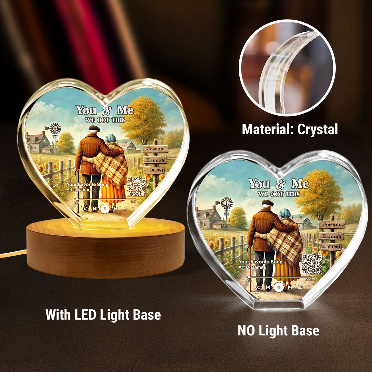 Couple Growing Old Together Favorite Song Scannable QR Code Personalized Premium Crystal Heart LED, Free Shipping Included