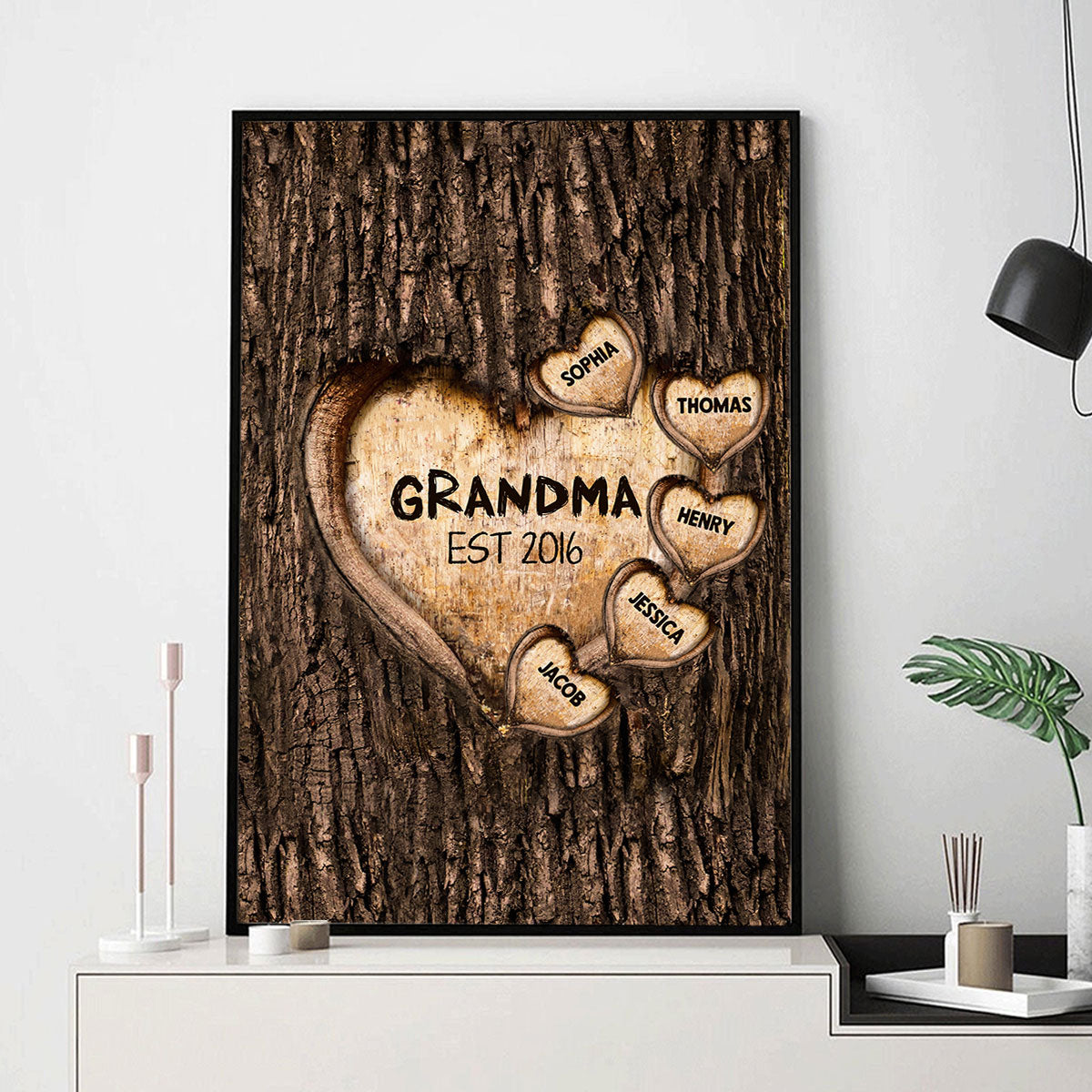Grandma Mom Hearts Engraved Tree Personalized Vertical Poster