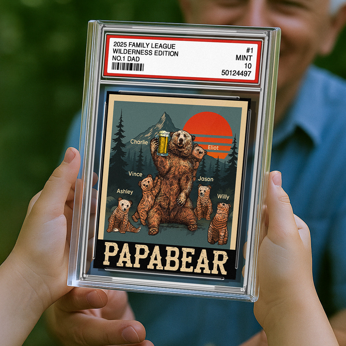 Papabear Dad & Kids Bear Retro Trading Card Style Personalized Acrylic Block Plaque