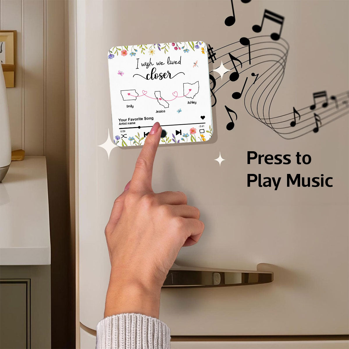 I Wish We Lived Closer Floral Personalized Custom Music Fridge Magnet, Mother Daughter, Best Friends, Siblings