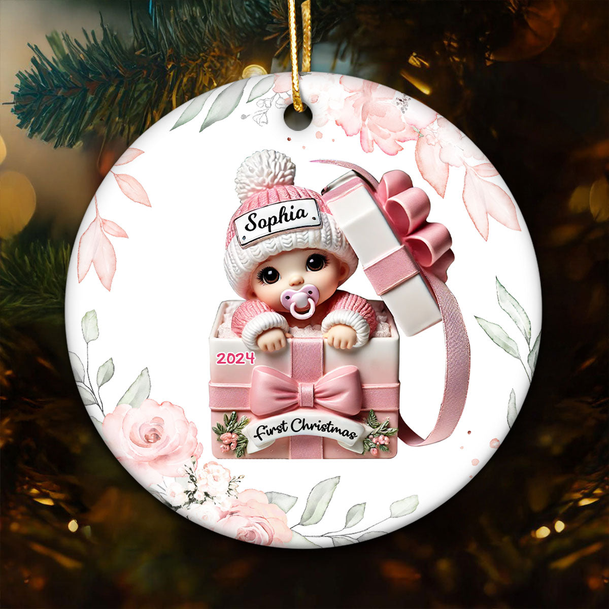 Floral Wreath Baby Inside Gift Box Personalized Ceramic Ornament, Baby First Christmas Keepsake