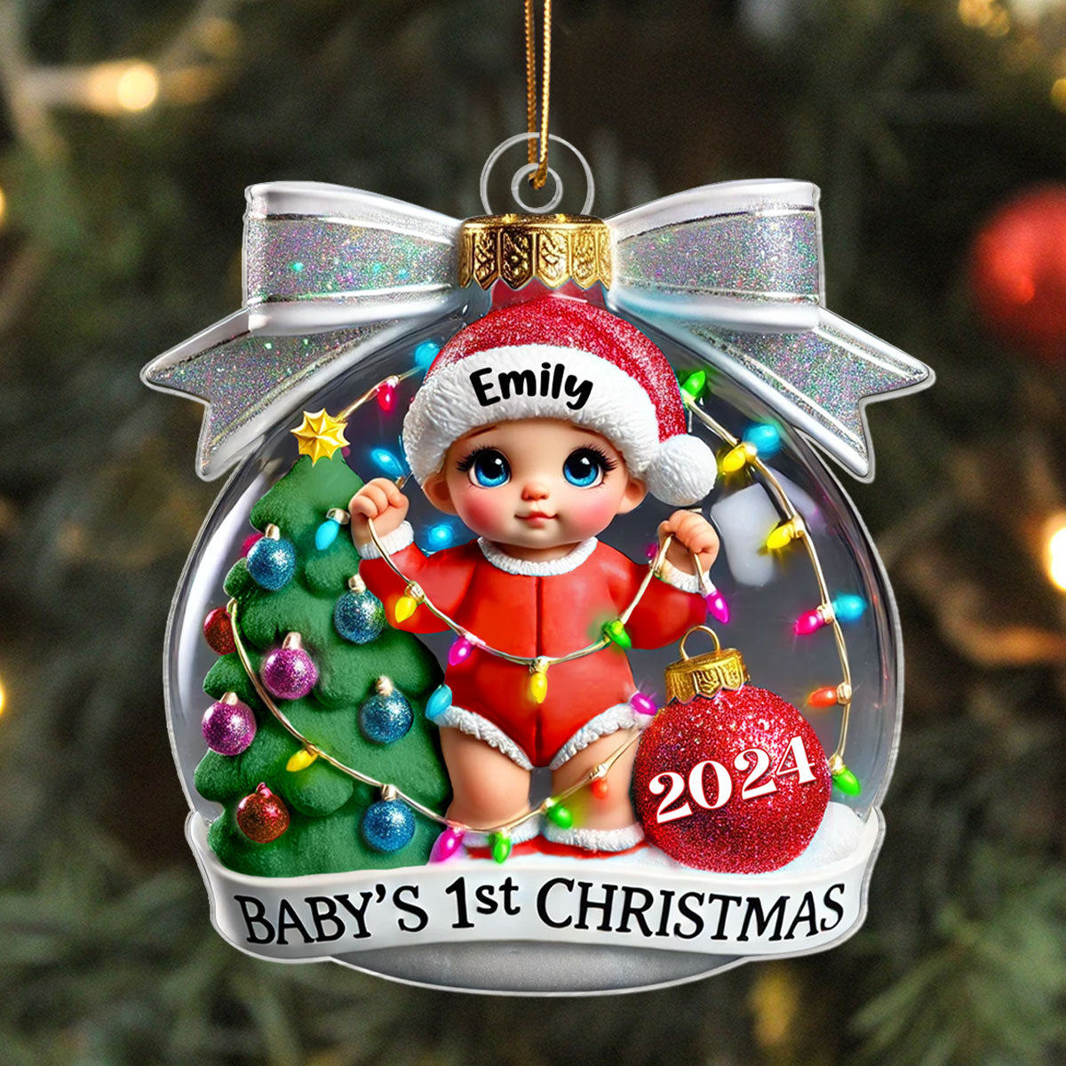 3D Effect Baby First Christmas Personalized Acrylic Ornament, Christmas Tree Bow, New Parents Keepsake, Gift for Newborn