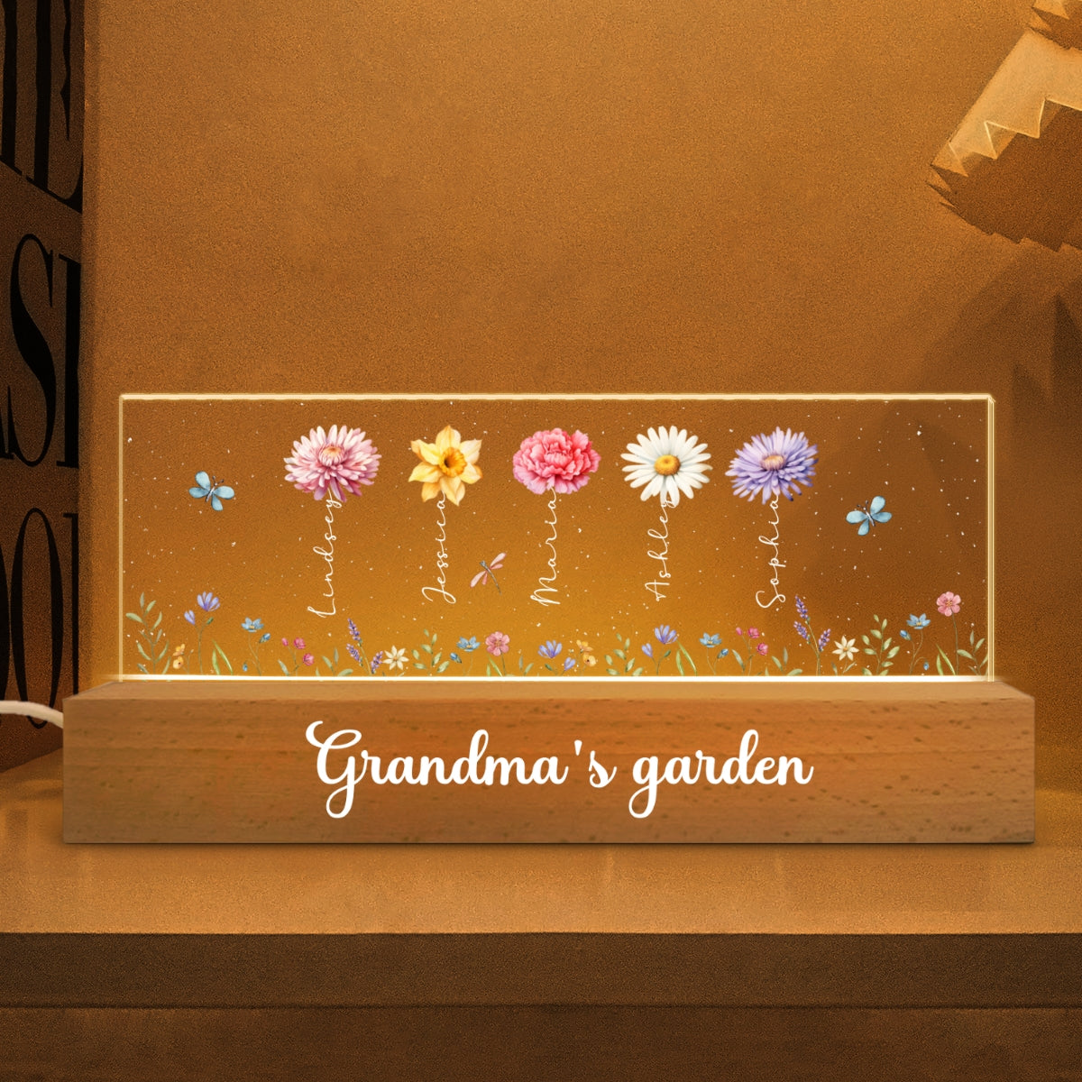 Grandma's Enchanted Garden Birth Month Flowers Personalized Acrylic Block LED Night Light, Gift