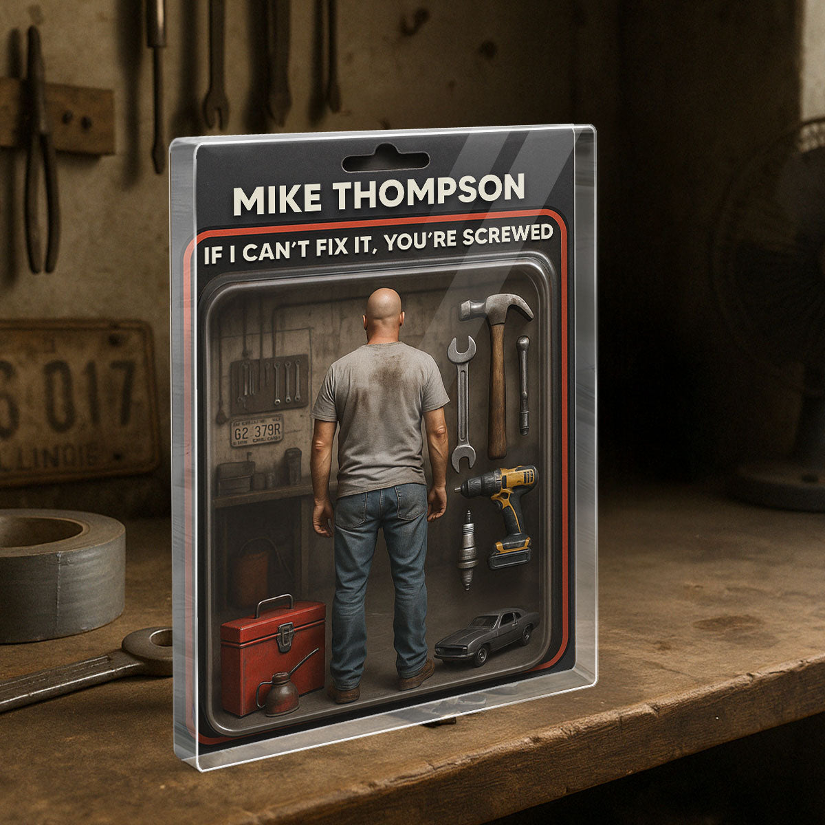 Garage DIY Mechanic Dad Grandpa Man Realistic Figure Style Personalized Acrylic Block Plaque